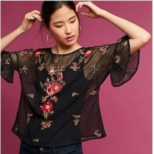 Anthropologie Maeve Cadiz Embroidered Black Lace Flounce FeminineTop Size XS